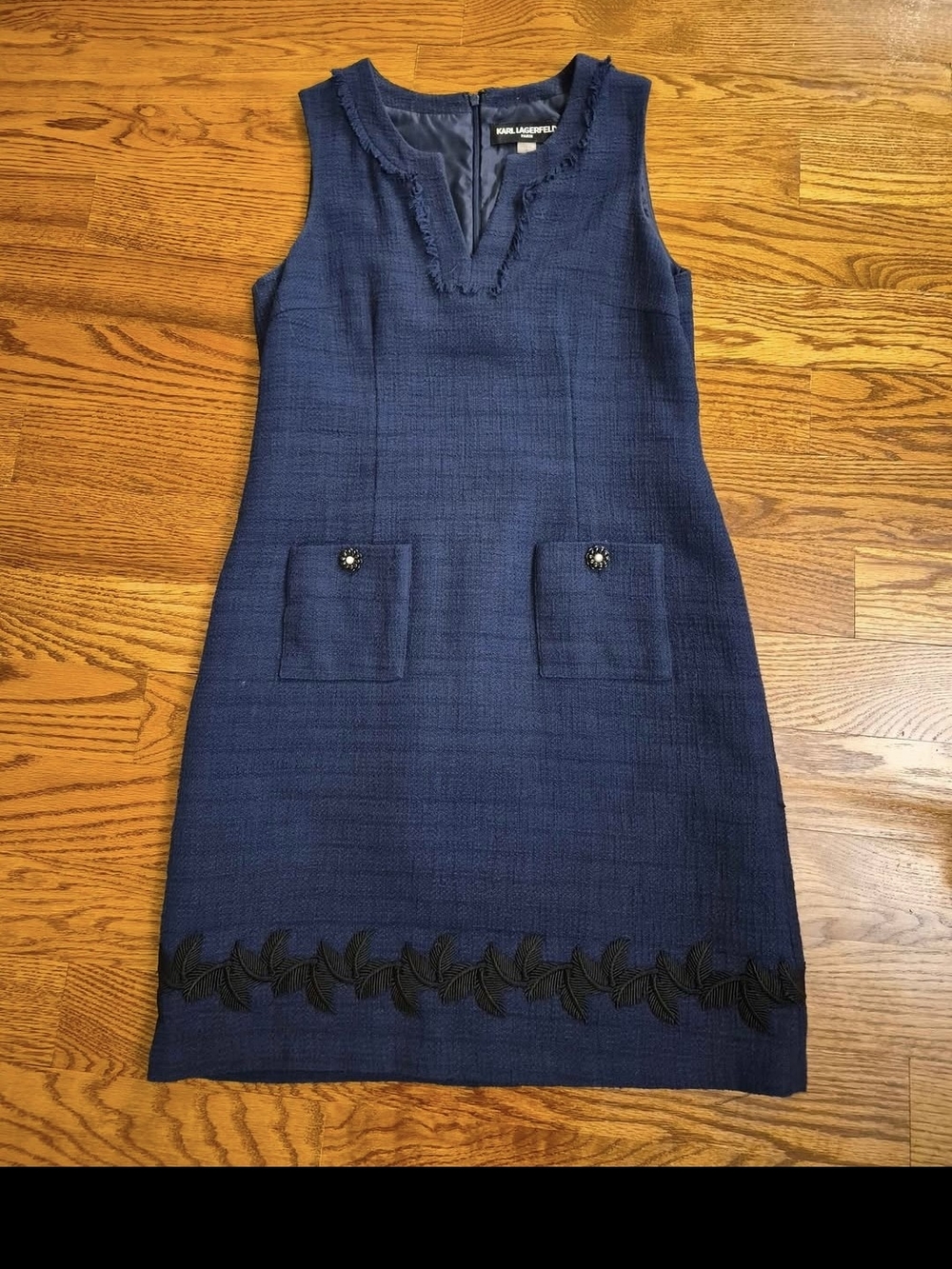 Karl Lagerfeld Navy Textured Sleeveless Shift Dress with Embroidered Hem